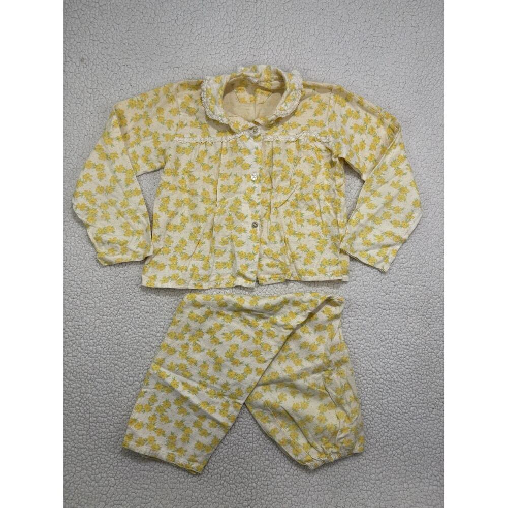 Vintage Girls Flannel 100% Cotton Pajama Set 2pc Yellow‎ Floral Lace Collar Trim